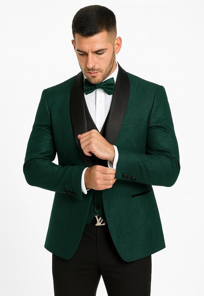 Luxury Floral Lace Wedding Tuxedo in Hunter Green Mens Vested Suit