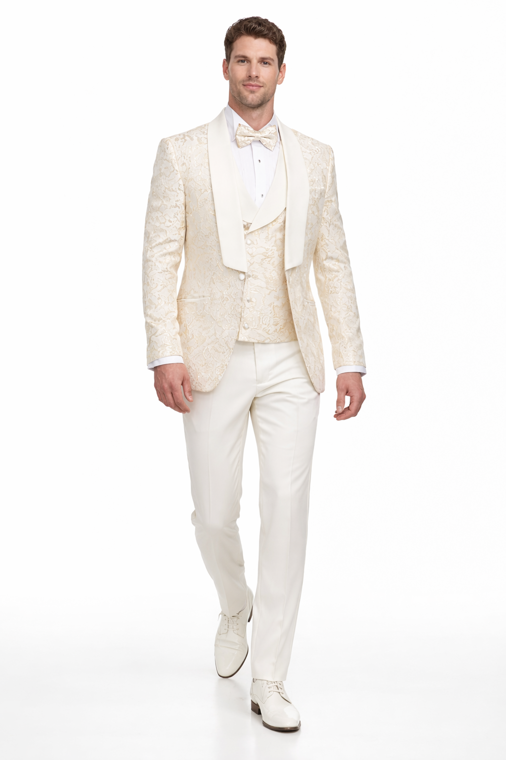 Men's Designer Vested Wedding & Prom Tuxedo in Ivory Off White & Gold Floral Paisley