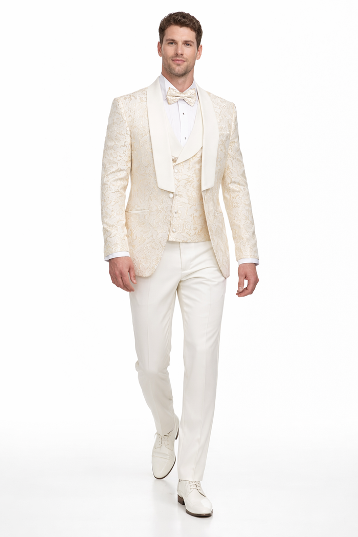Men's Designer Vested Wedding & Prom Tuxedo in Ivory Off White & Gold Floral Paisley