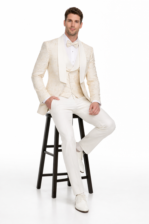 Men's Designer Vested Wedding & Prom Tuxedo in Ivory Off White & Gold Floral Paisley
