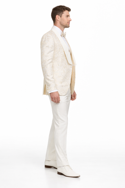 Men's Designer Vested Wedding & Prom Tuxedo in Ivory Off White & Gold Floral Paisley