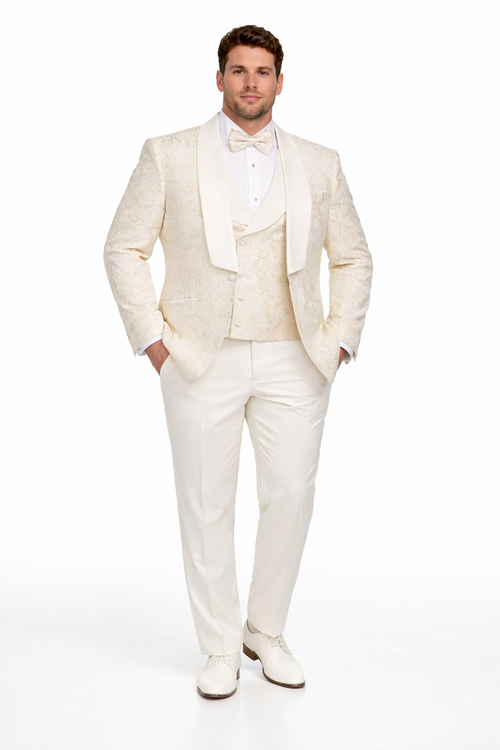 Men's Designer Vested Wedding & Prom Tuxedo in Ivory Off White & Gold Floral Paisley