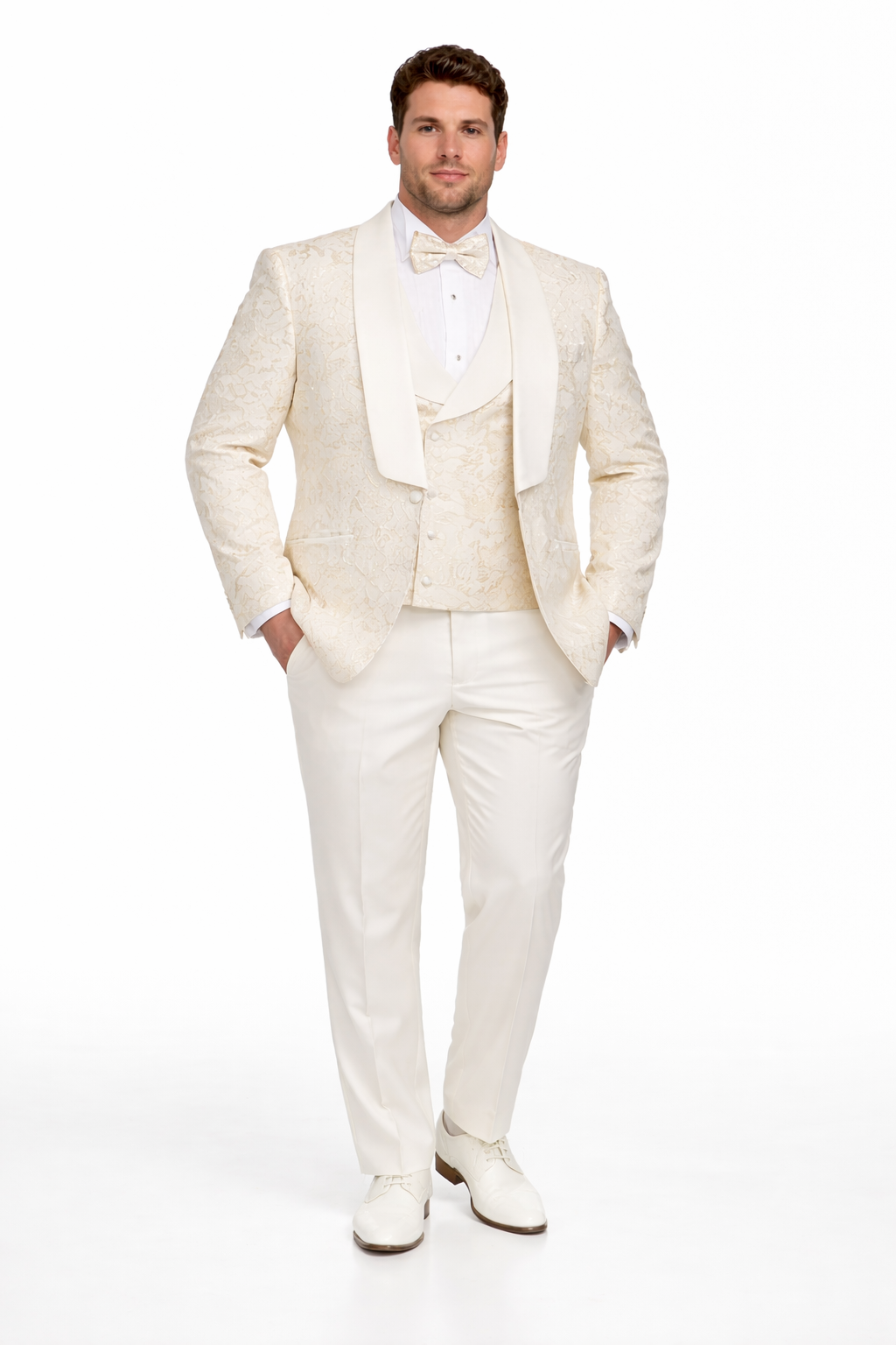 Men's Designer Vested Wedding & Prom Tuxedo in Ivory Off White & Gold Floral Paisley