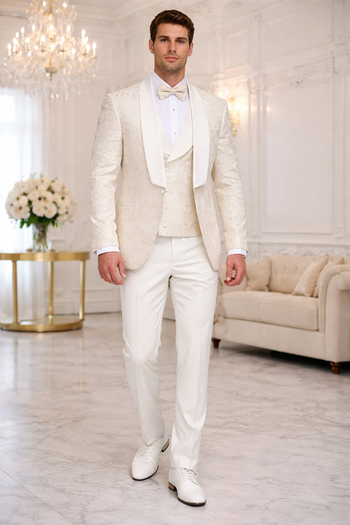 Men's Designer Vested Wedding & Prom Tuxedo in Ivory Off White & Gold Floral Paisley