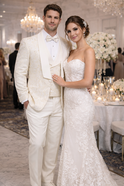 Men's Designer Vested Wedding & Prom Tuxedo in Ivory Off White & Gold Floral Paisley