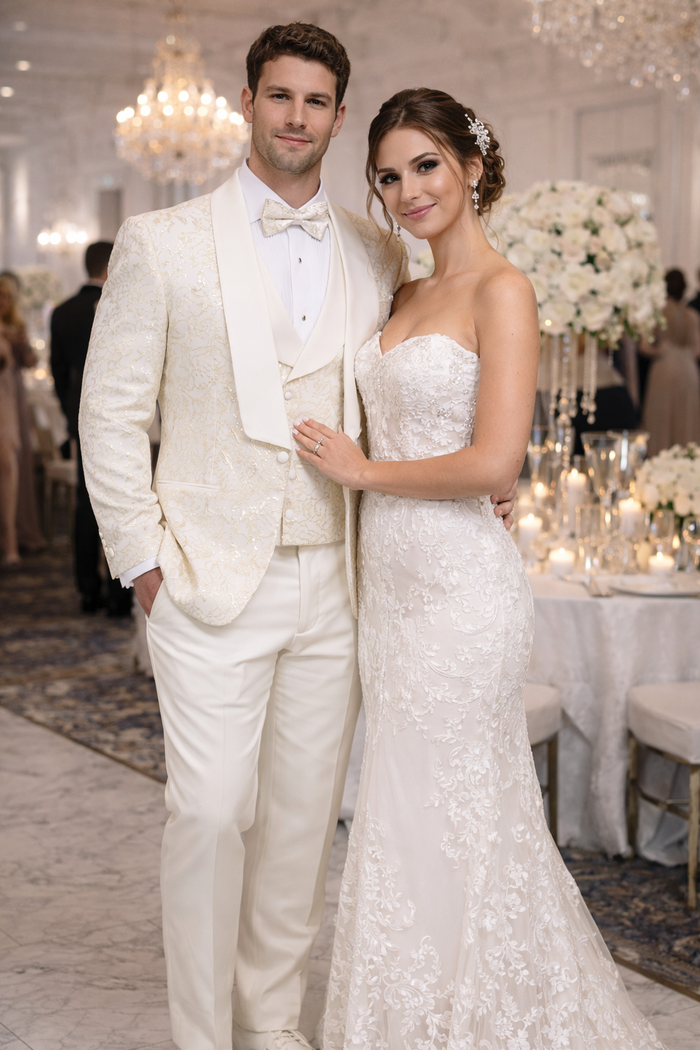 Men's Designer Vested Wedding & Prom Tuxedo in Ivory Off White & Gold Floral Paisley