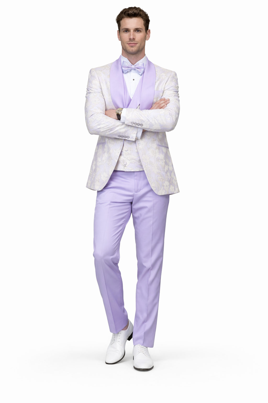 Men's Designer Vested Wedding & Prom Tuxedo in Purple & Gold Floral Paisley