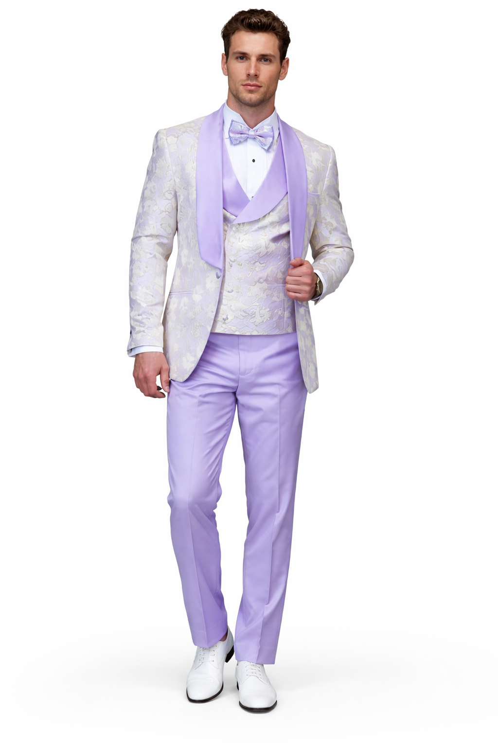 Men's Designer Vested Wedding & Prom Tuxedo in Purple & Gold Floral Paisley - 36 Short