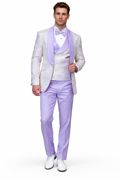 Men's Designer Vested Wedding & Prom Tuxedo in Purple & Gold Floral Paisley