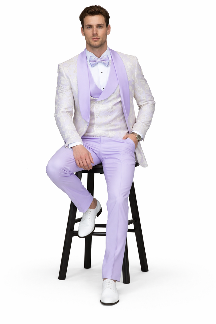 Men's Designer Vested Wedding & Prom Tuxedo in Purple & Gold Floral Paisley