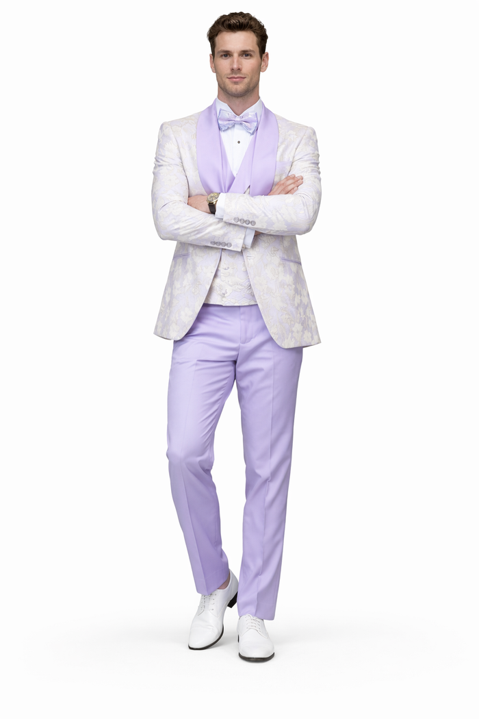 Men's Designer Vested Wedding & Prom Tuxedo in Purple & Gold Floral Paisley