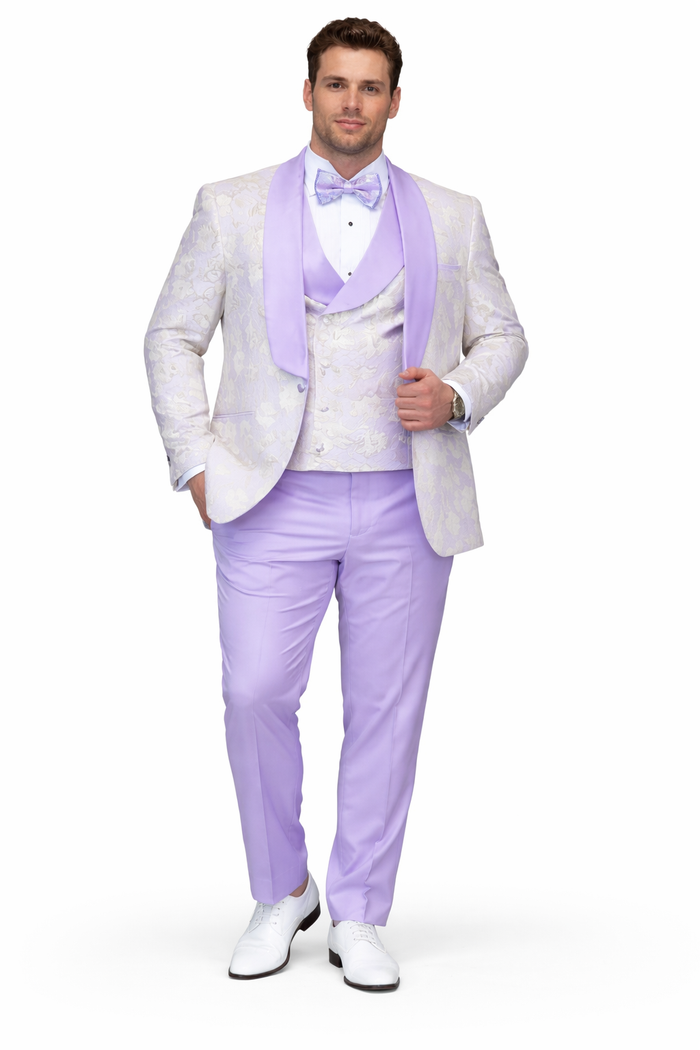 Men's Designer Vested Wedding & Prom Tuxedo in Purple & Gold Floral Paisley