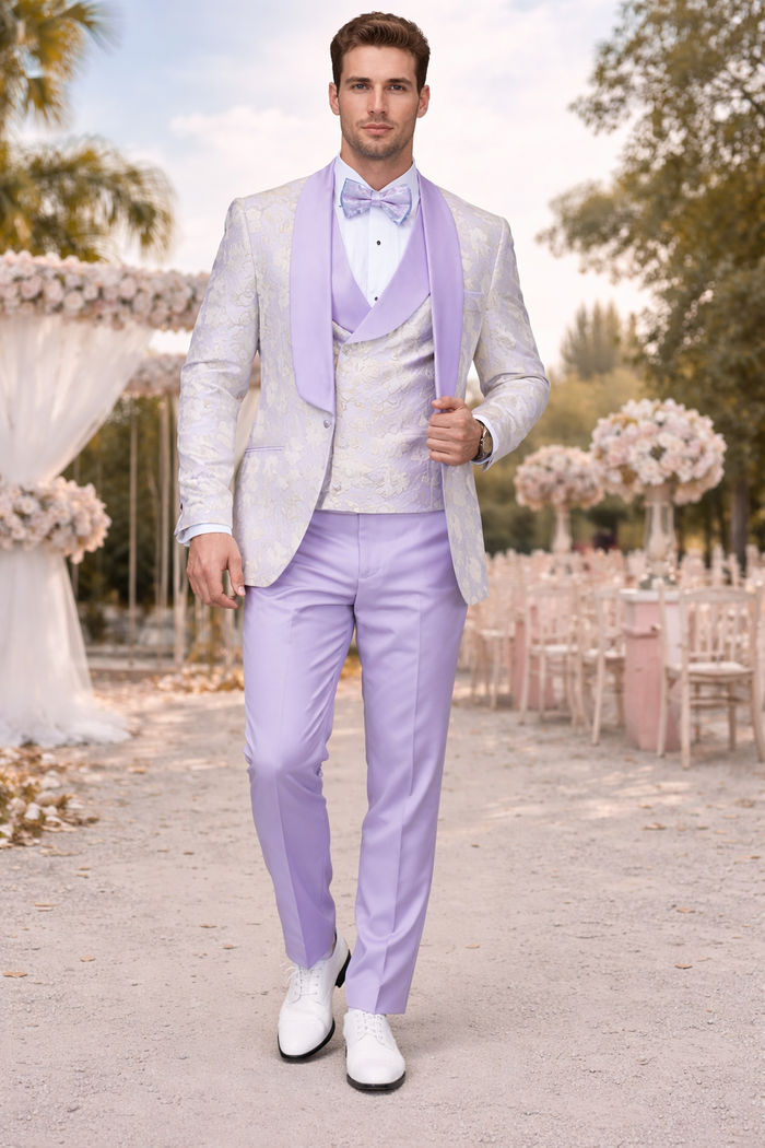 Men's Designer Vested Wedding & Prom Tuxedo in Purple & Gold Floral Paisley