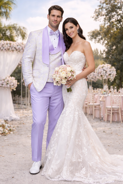 Men's Designer Vested Wedding & Prom Tuxedo in Purple & Gold Floral Paisley