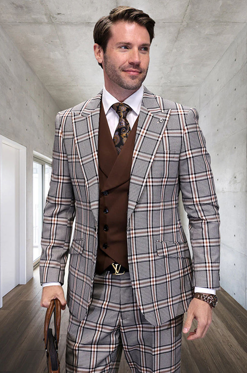 Marc Darcy Wedding Suits Men's Designer Vested Wide Peak Lapel Houndstooth Plaid Suit in Tan - 34 Short or Extra Small