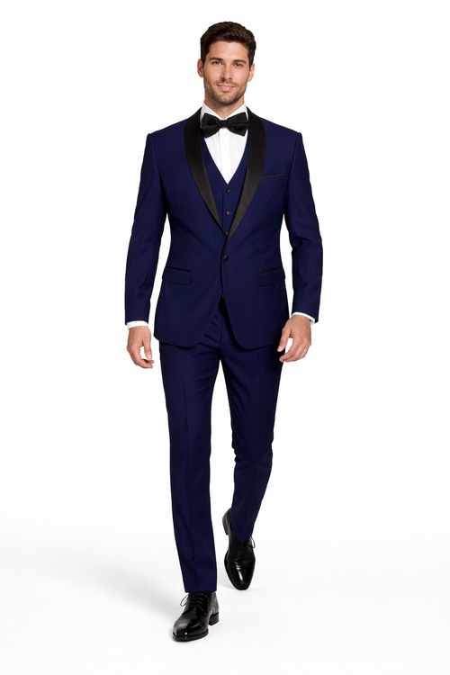 Men's Designer Wool One Button Shawl Lapel Wedding Tuxedo in Sapphire Blue and Black