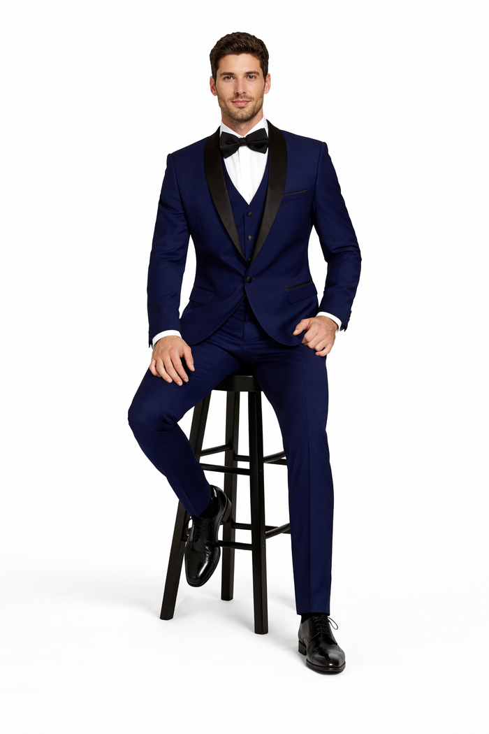 Men's Designer Wool One Button Shawl Lapel Wedding Tuxedo in Sapphire Blue and Black