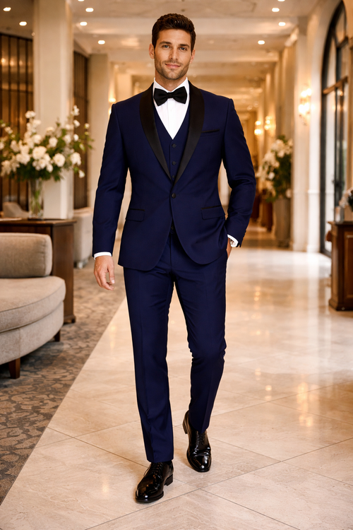 Men's Designer Wool One Button Shawl Lapel Wedding Tuxedo in Sapphire Blue and Black
