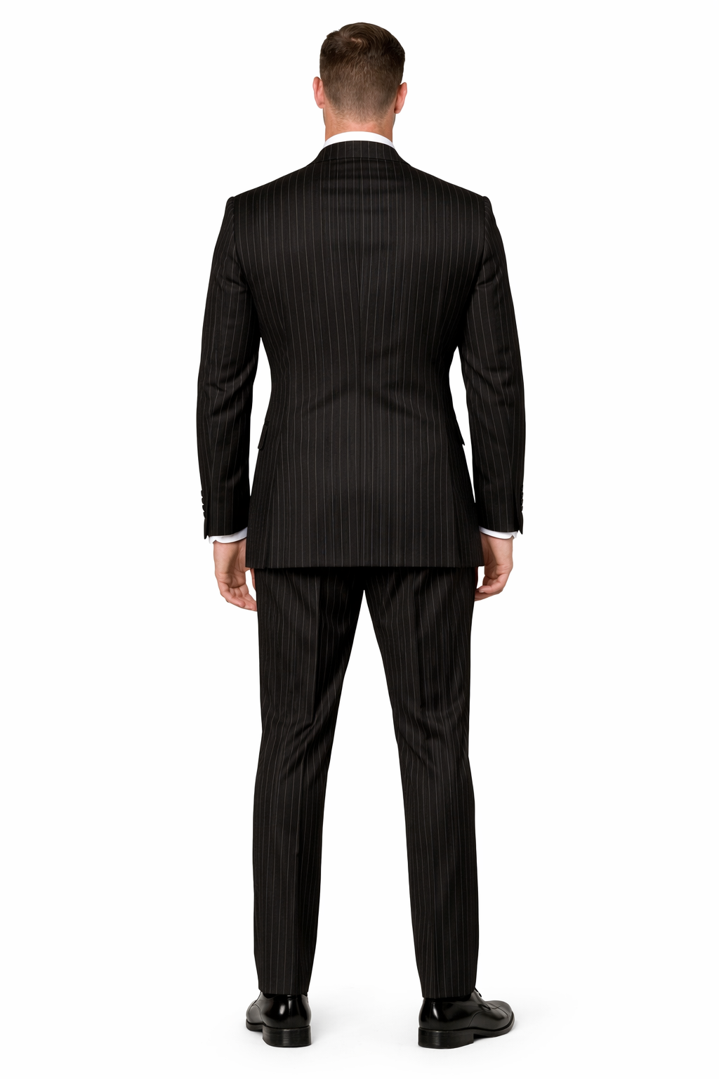 Men's Designer Double Breasted Wool Suit in Bold Black Gangster Pinstripe.