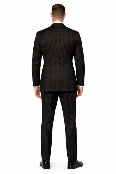 Men's Designer Double Breasted Wool Suit in Bold Black Gangster Pinstripe.
