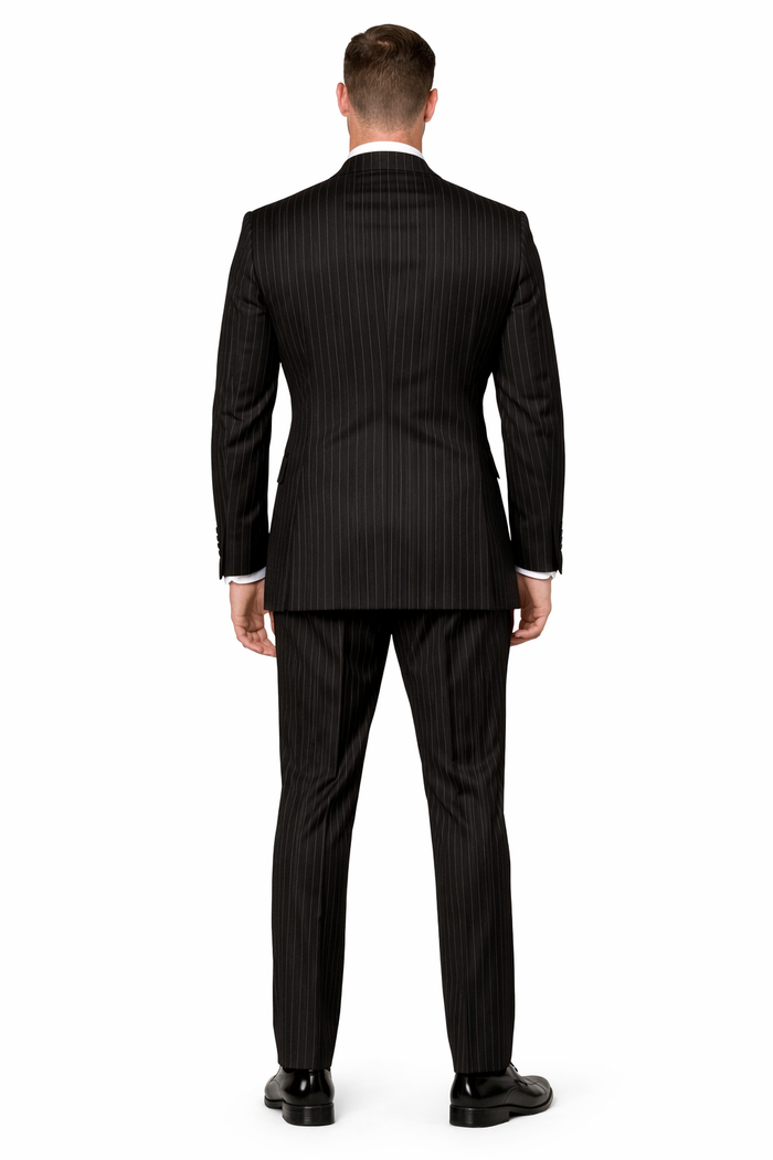 Men's Designer Double Breasted Wool Suit in Bold Black Gangster Pinstripe.