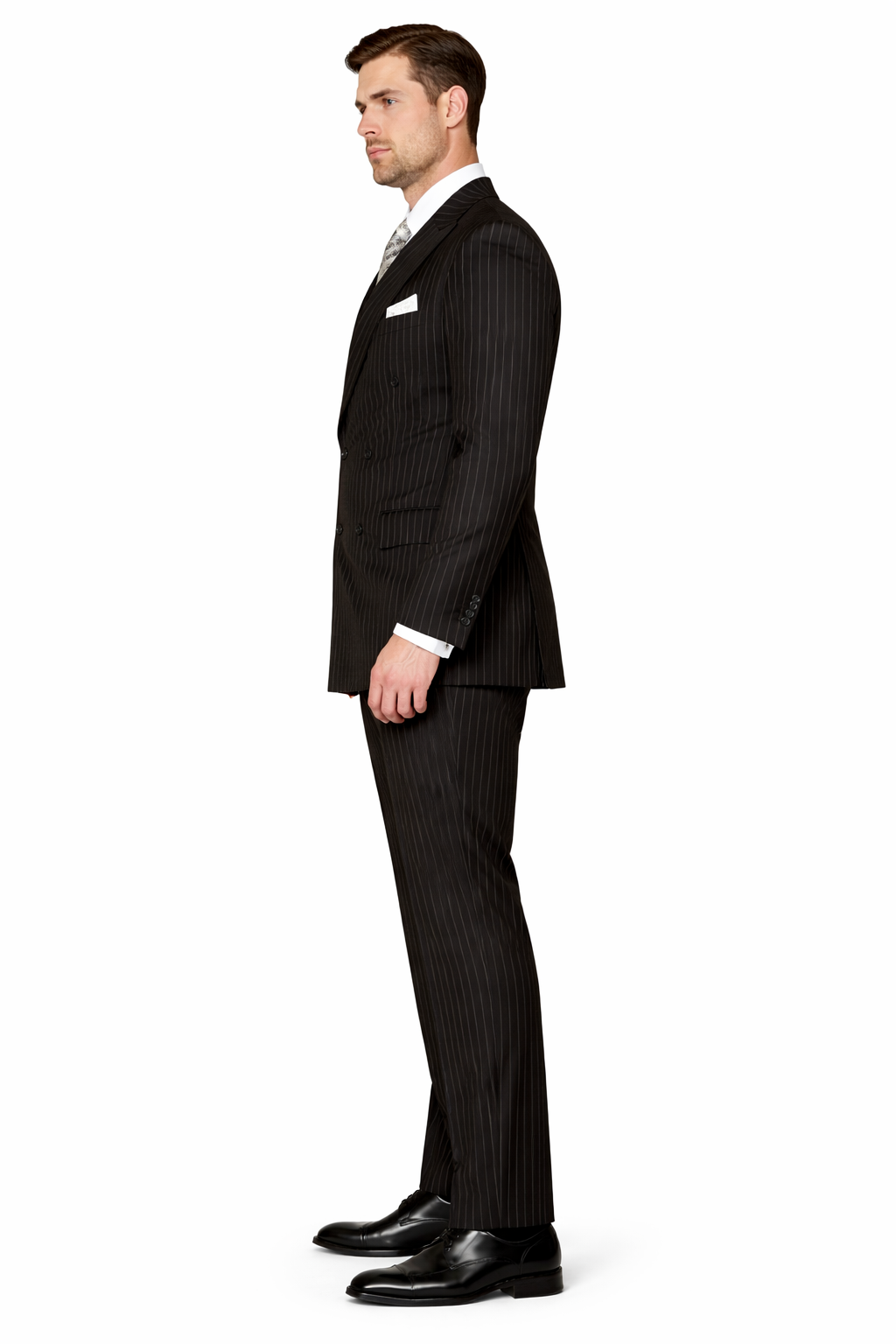 Men's Designer Double Breasted Wool Suit in Bold Black Gangster Pinstripe.