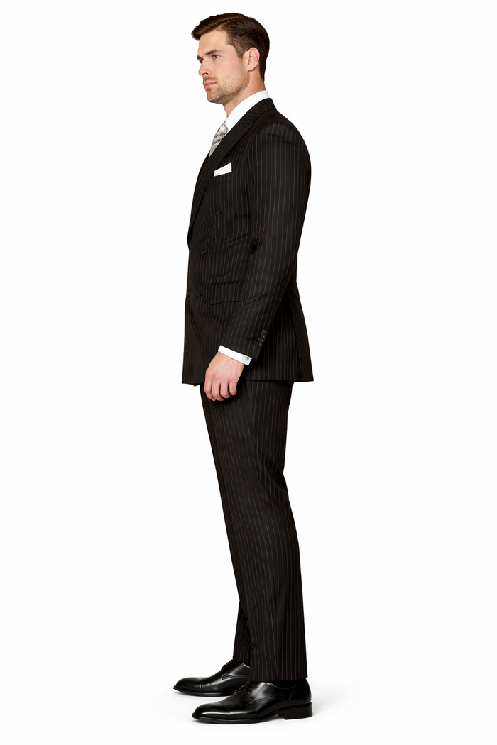 Men's Designer Double Breasted Wool Suit in Bold Black Gangster Pinstripe.