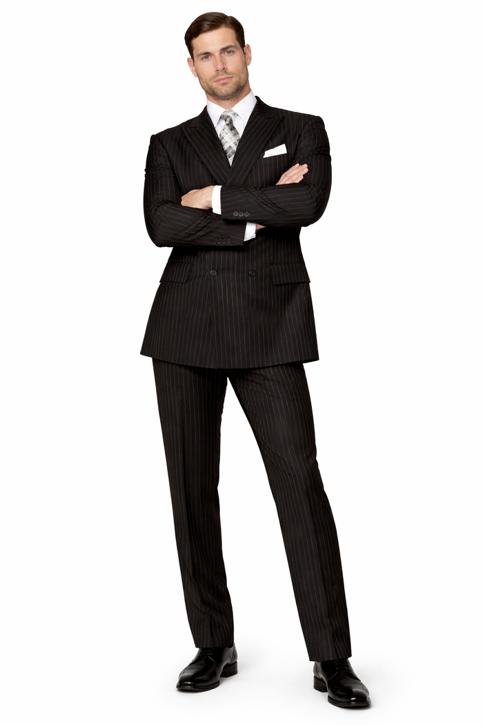 Men's Designer Double Breasted Wool Suit in Bold Black Gangster Pinstripe.