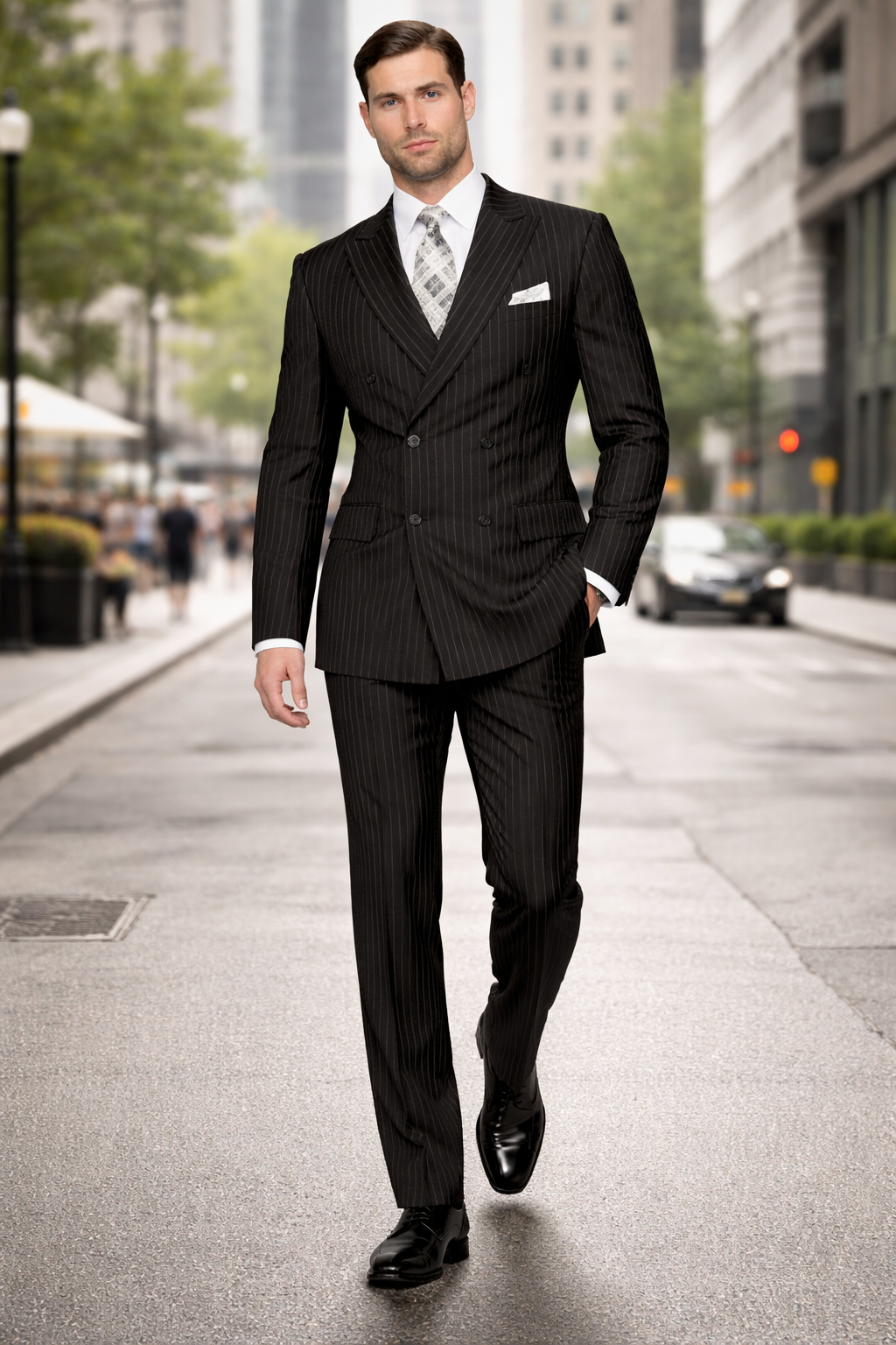 Men's Designer Double Breasted Wool Suit in Bold Black Gangster Pinstripe.
