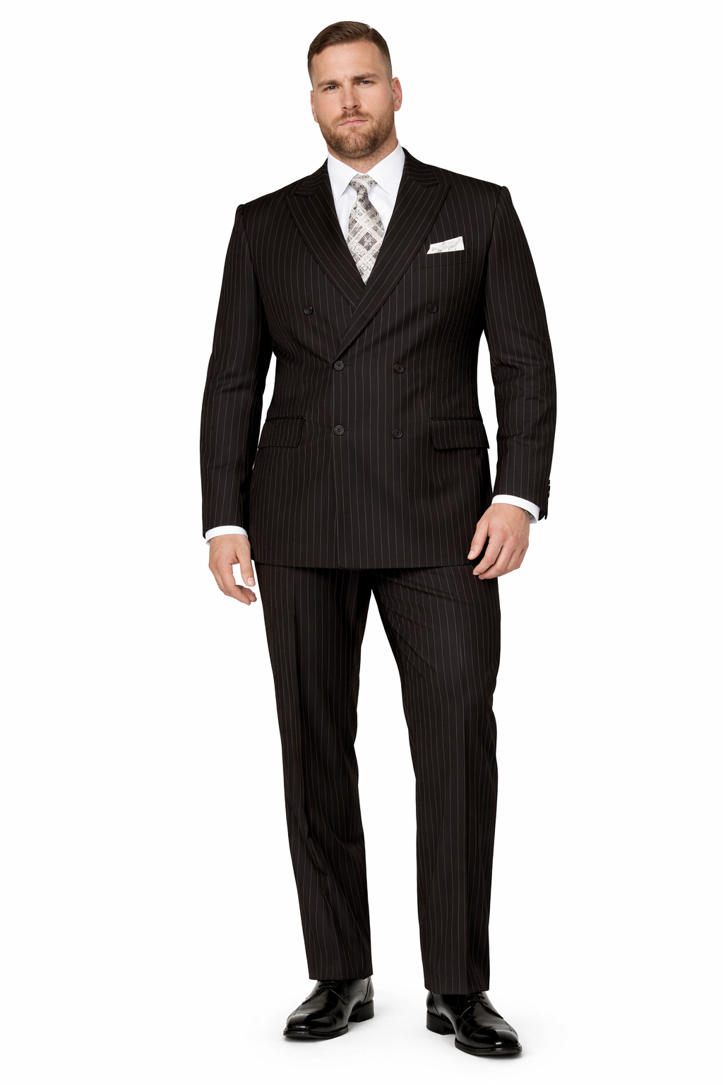 Men's Designer Double Breasted Wool Suit in Bold Black Gangster Pinstripe.