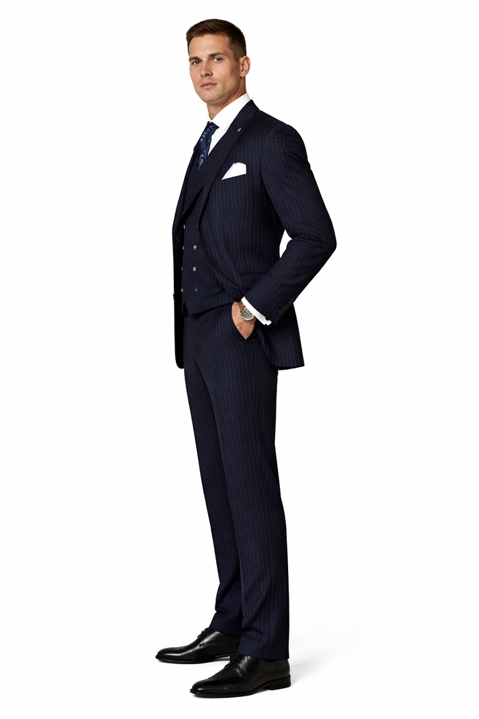 Men's Designer Wool Pleated Pant Vested Suit in Bold Navy Gangster Pinstripe