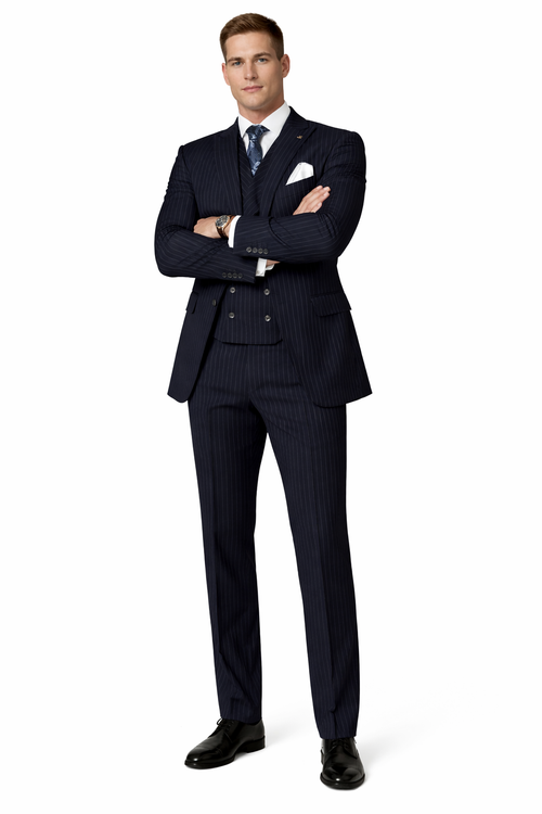 Men's Designer Wool Pleated Pant Vested Suit in Bold Navy Gangster Pinstripe