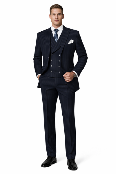 Men's Designer Wool Pleated Pant Vested Suit in Bold Navy Gangster Pinstripe