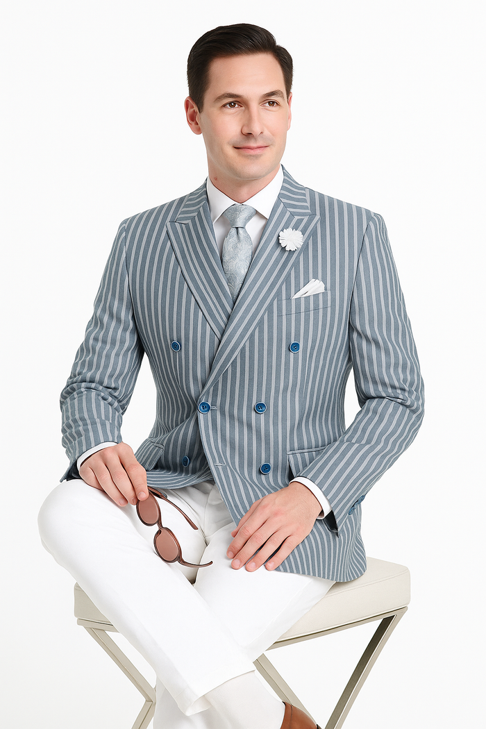 Mens Double Breasted Blazer in Color Navy - Pinstripe Sportcoat - New Arrival