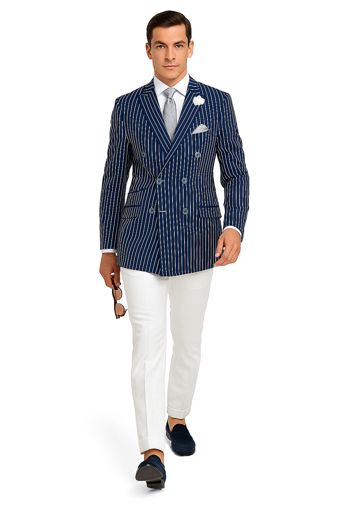 Mens Double Breasted Blazer in Color Navy - Pinstripe Sportcoat - New Arrival