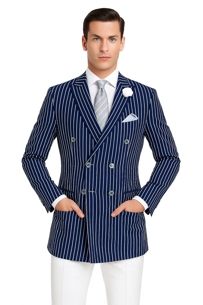 Mens Double Breasted Blazer in Color Navy - Pinstripe Sportcoat - New Arrival