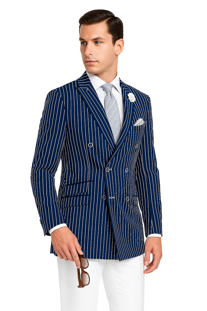 Mens Double Breasted Blazer in Color Navy - Pinstripe Sportcoat - New Arrival