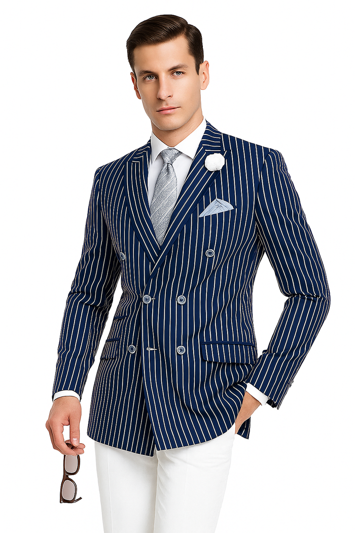 Mens Double Breasted Blazer in Color Navy - Pinstripe Sportcoat - New Arrival