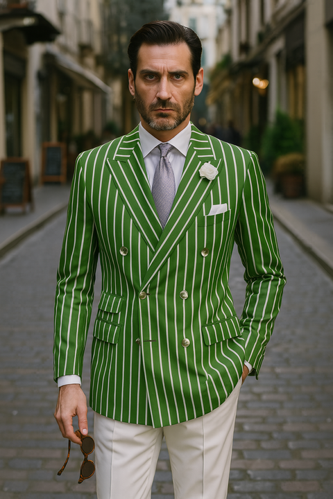 Mens Double Breasted Blazer in Color Olive - Pinstripe Sportcoat