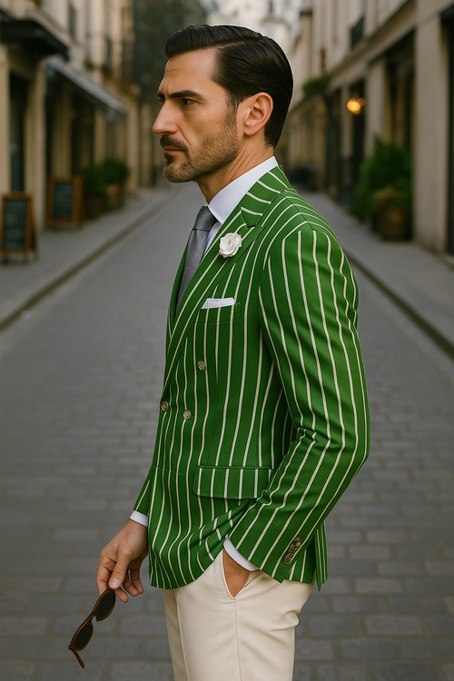 Mens Double Breasted Blazer in Color Olive - Pinstripe Sportcoat