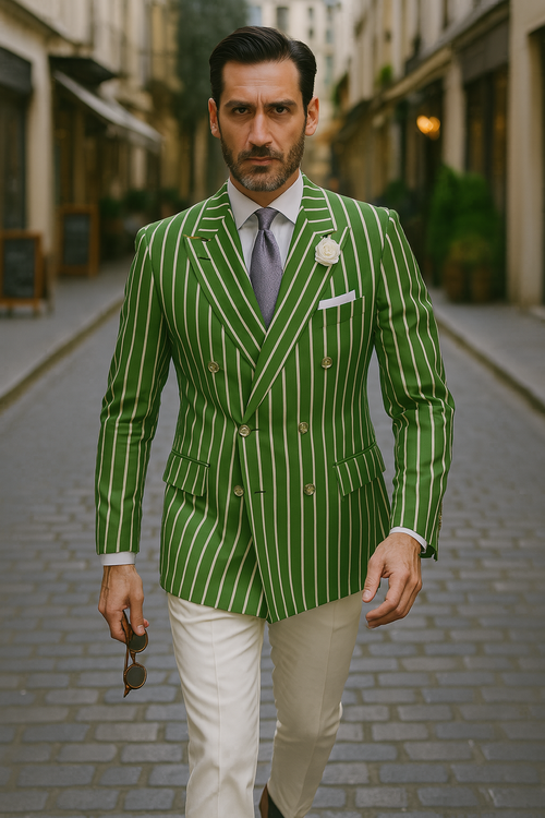 Mens Double Breasted Blazer in Color Olive - Pinstripe Sportcoat