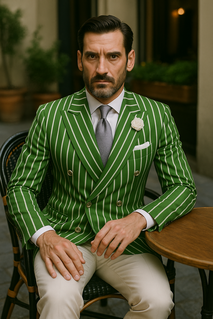 Mens Double Breasted Blazer in Color Olive - Pinstripe Sportcoat