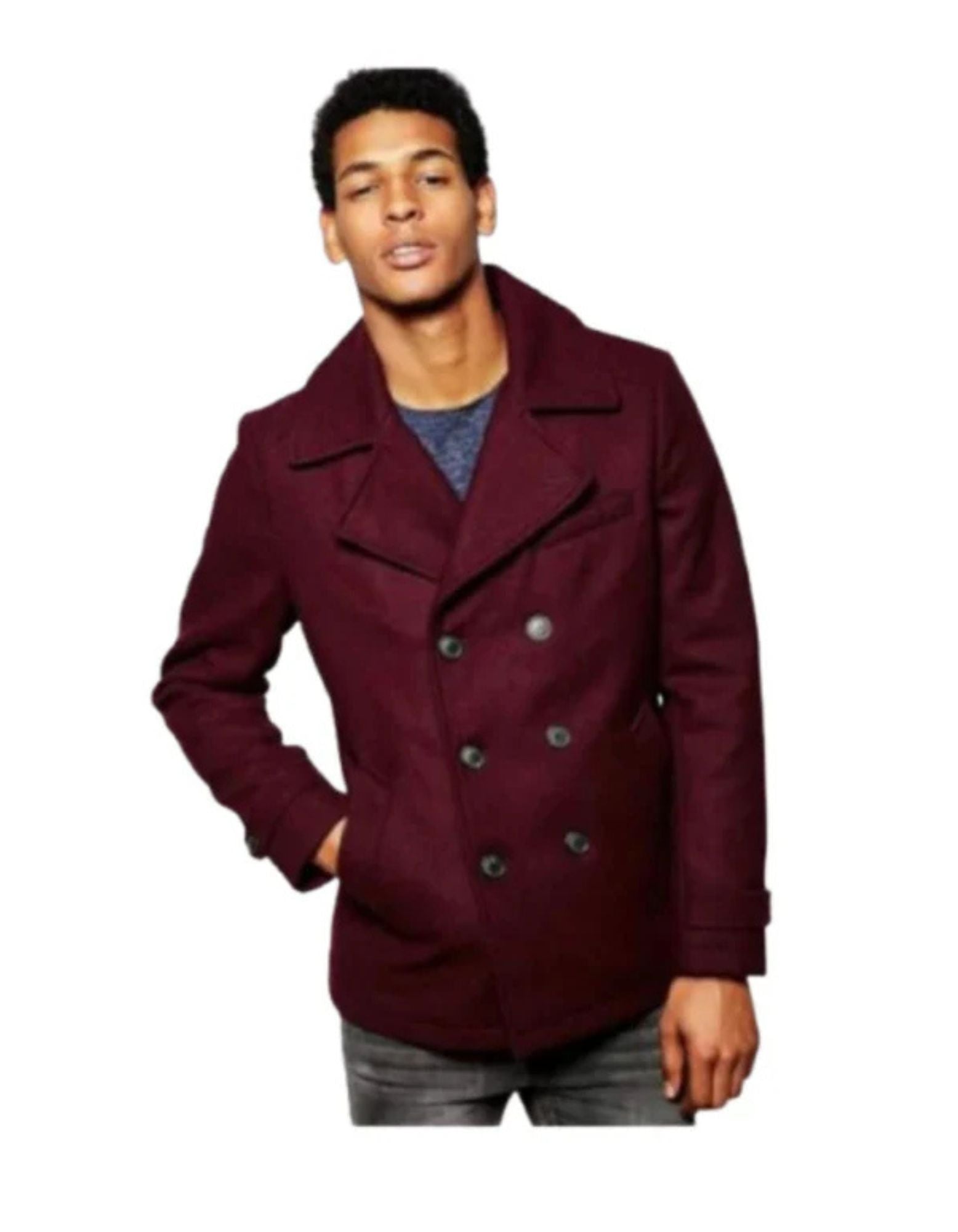 Men's Wool Burgundy ~ Wine Wool Double Breasted Coat ~ Designer men's Wool Peacoat Sale - Coat Size 38