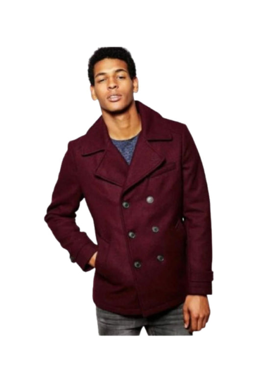 Men's Wool Burgundy ~ Wine Wool Double Breasted Coat ~ Designer men's Wool Peacoat Sale