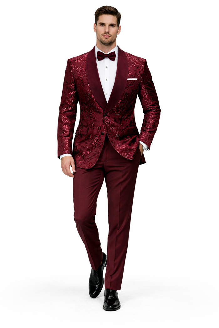 Men's Double Breasted Foil Paisley Dinner Jacket Prom & Wedding Tuxedo in Burgundy