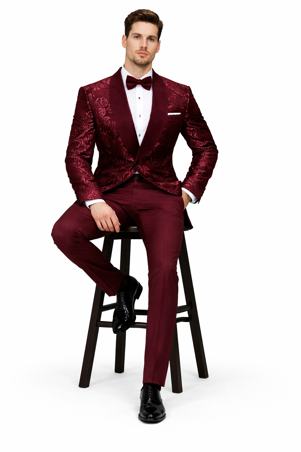 Men's Double Breasted Foil Paisley Dinner Jacket Prom & Wedding Tuxedo in Burgundy - 36 Short