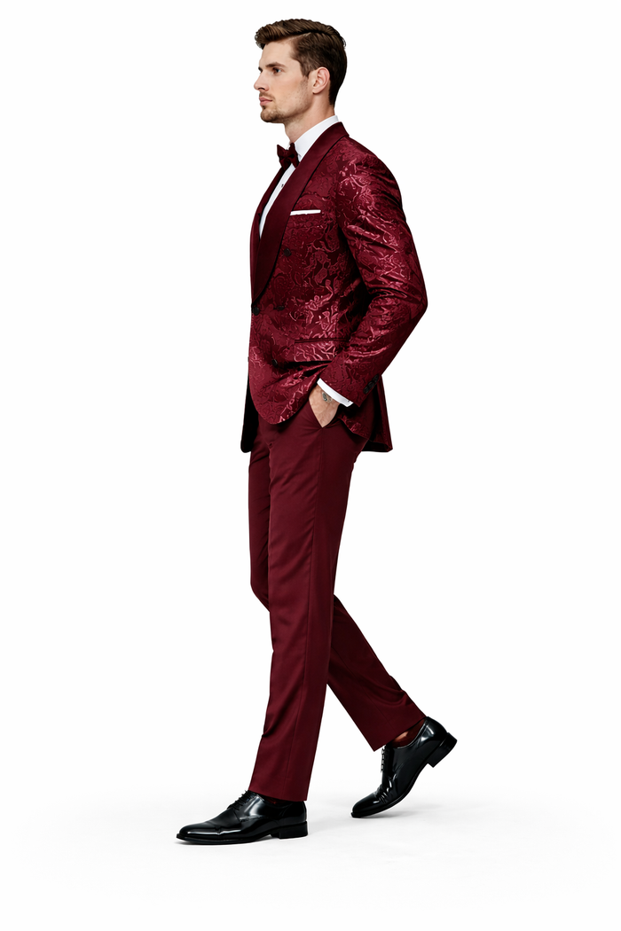 Men's Double Breasted Foil Paisley Dinner Jacket Prom & Wedding Tuxedo in Burgundy