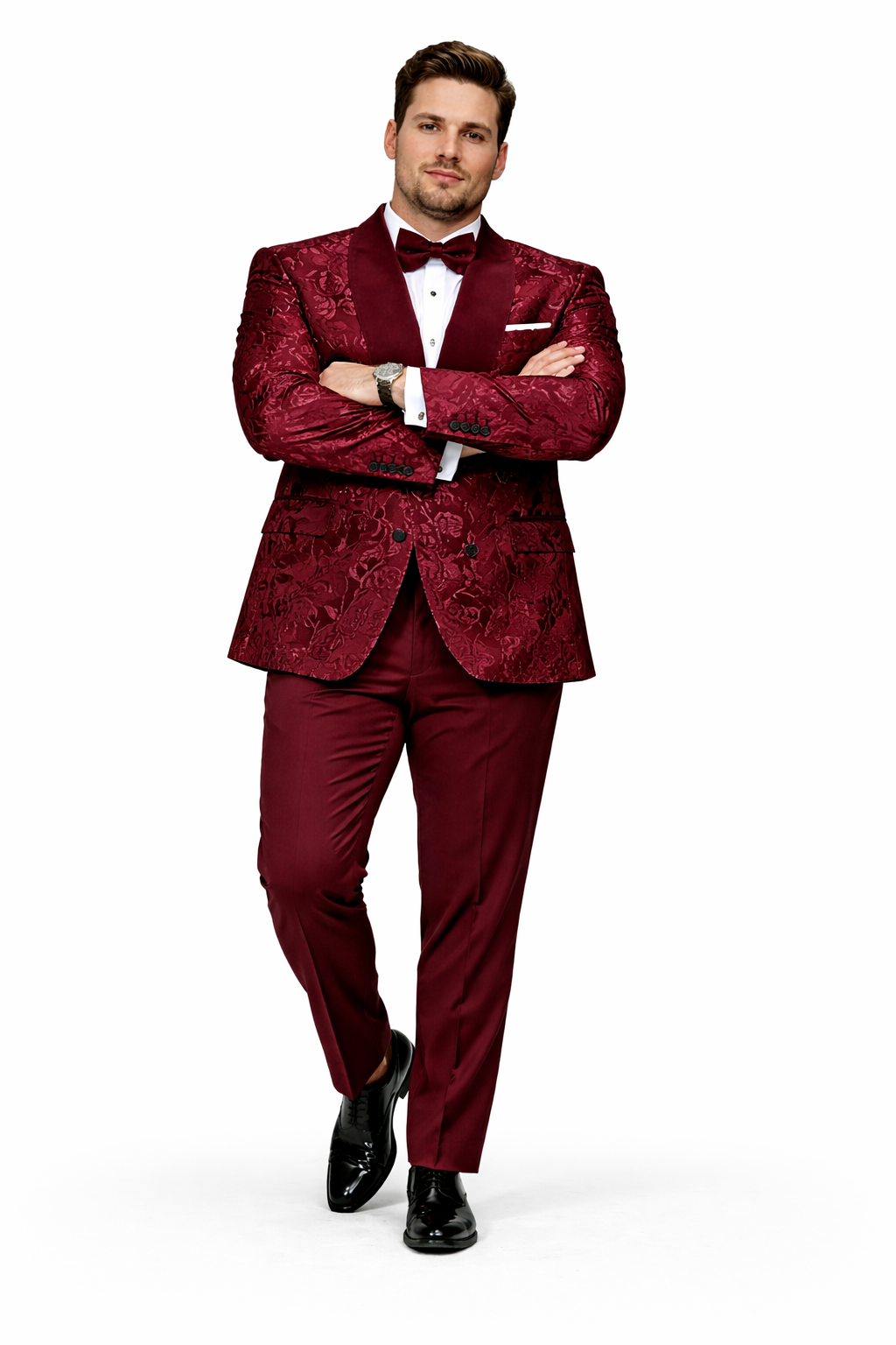Men's Double Breasted Foil Paisley Dinner Jacket Prom & Wedding Tuxedo in Burgundy