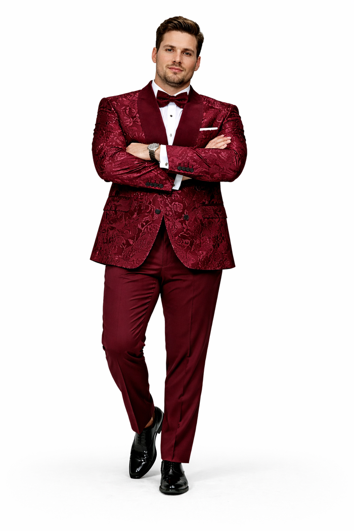 Men's Double Breasted Foil Paisley Dinner Jacket Prom & Wedding Tuxedo in Burgundy