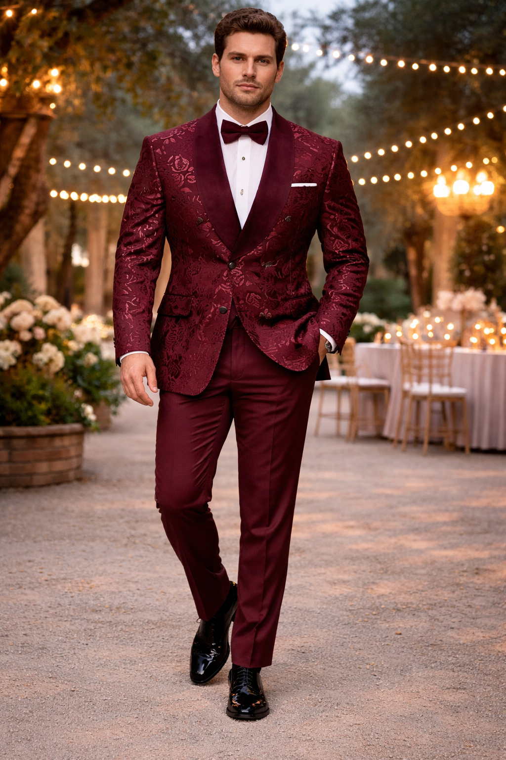 Men's Double Breasted Foil Paisley Dinner Jacket Prom & Wedding Tuxedo in Burgundy